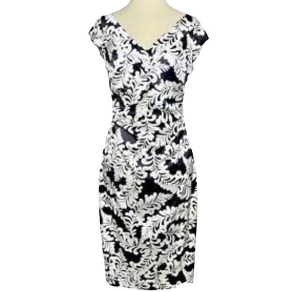 Maggy London Double V Neck Black White Midi Dress 8 - Picture 1 of 16